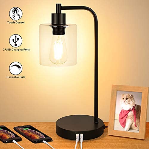 Industrial Touch Control Table Lamp, Dual USB Charging Ports, 3 Way Dimmable Vintage Bedside Nightstand Lamp, Glass Shade Desk Reading Lamp for Farmhouse Bedroom Living Room, LED Edison Bulb Included