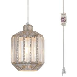 YLONG-ZS Hanging Lamps Crystal White Swag Lamp Rustic Pendant Light Plug in 16.4 FT Cord Hanging Pendant Light Cage in-Line On/Off Dimmer Switch for Kitchen Island, Dining Room, Living Room,Corner