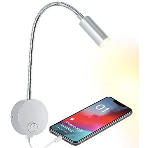Bedside Reading Wall Light with USB Charging Port, LED Wall Mounted Lamp, Flexible Wall Sconce, Brushed Nickel Finished (3W Warm White)