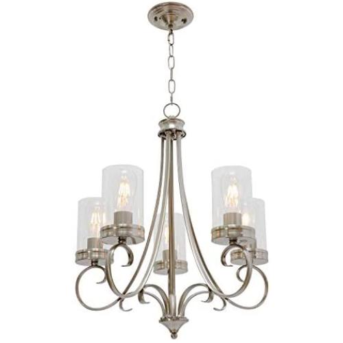 Lucidce Contemporary 5 Light Chandeliers Modern Metal Light Fixtures Ceiling Brushed Nickel Clear Glass Shades Pendant Lighting Industrial Kitchen Island Light Hanging Pendant lamp for Living Room