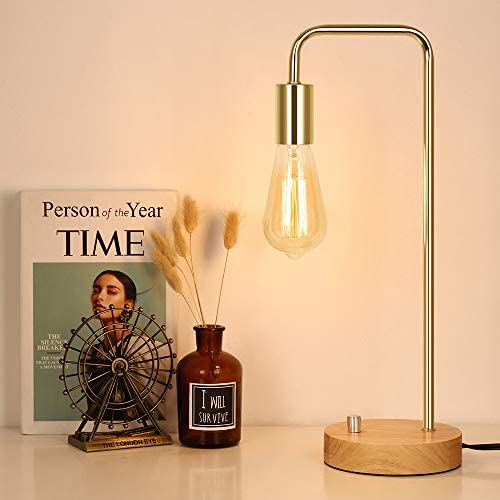 Industrial Desk Lamp, Nightstand Lamp Wooden Base Table Lamp Vintage Bedside lamp for Living Room Bedroom Bedside Office,Gold (Bulb No Included)