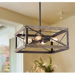 LNC Farmhouse Chandelier Rustic Wood Cage Square Light Fixture for Dining & Living Room, Bedroom, Foyer, Entryway and Kitchen Island, Brown