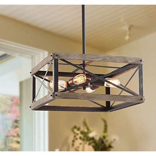 LNC Farmhouse Chandelier Rustic Wood Cage Square Light Fixture for Dining & Living Room, Bedroom, Foyer, Entryway and Kitchen Island, Brown