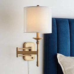 Atka Modern Swing Arm Wall Lamp Matte Warm Antique Brass Plug-in Light Fixture Outer Organza Inner White Drum Shade for Bedroom Bedside Living Room Reading - Possini Euro Design