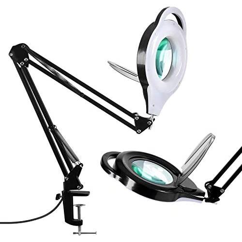 TOMSOO LED Dimmable Magnifying Lamp with Clamp - 1,800 Lumens Bright Lighted 5-Diopter Real Glass Magnifier with Adjustable Swivel Arm, Daylight Light for Reading, Craft, Close Work, Workbench, Black