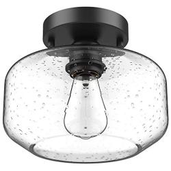 Industrial Semi-Flush Mount Ceiling Light, Seeded Glass Pendant Lamp Shade, Black Farmhouse Ceiling Lighting Fixture for Hallway Entryway Porch Kitchen Island Corridor Bedroom Bar, Bulb Not Included