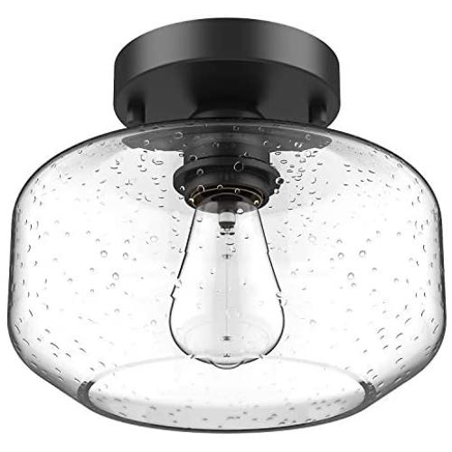 Industrial Semi-Flush Mount Ceiling Light, Seeded Glass Pendant Lamp Shade, Black Farmhouse Ceiling Lighting Fixture for Hallway Entryway Porch Kitchen Island Corridor Bedroom Bar, Bulb Not Included