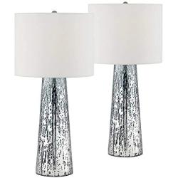 Marcus Coastal Table Lamps Set of 2 Mercury Glass Tapered Column White Drum Shade for Living Room Family Bedroom - 360 Lighting