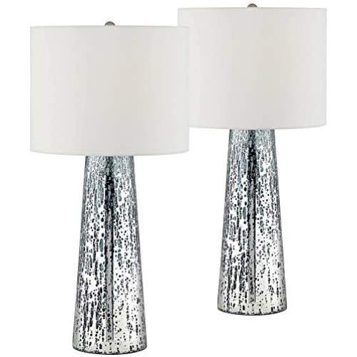 Marcus Coastal Table Lamps Set of 2 Mercury Glass Tapered Column White Drum Shade for Living Room Family Bedroom - 360 Lighting