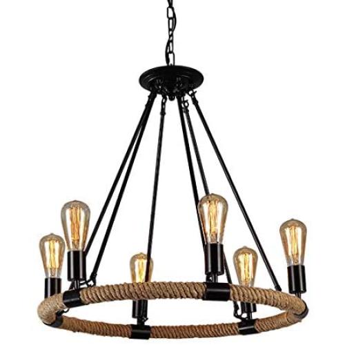 NOXARTE Round Hemp Rope Chandelier Vintage Black Pendant Light Retro Wagon Wheel Lighting Fixture for Dining Room Farmhouse 6-Light