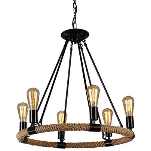 NOXARTE Round Hemp Rope Chandelier Vintage Black Pendant Light Retro Wagon Wheel Lighting Fixture for Dining Room Farmhouse 6-Light