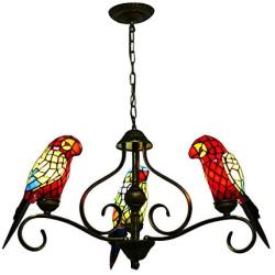 LITFAD Brass Finish Pendant Lighting 110V-120V 3-Light Multicolored Parrot Vintage Tiffany Style Stained Glass Chandelier Ceiling Light in Shabby Chic Style for Living Room Bedroom Restaurants Hotel