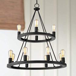 Lacey Black Wagon Wheel Chandelier 29 1/4'' Wide Modern Industrial LED Two Tier 12-Light Fixture for Dining Room House Foyer Kitchen Island Entryway Bedroom Living Room - Franklin Iron Works