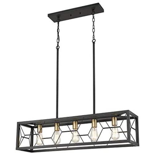 EAPUDUN 5-Light Kitchen Island Lighting, Modern Linear Pendant Light Fixture, Metal Farmhouse Chandeliers for Dinning Room Living Room, Matte Black Finish, PDA1273-MBK