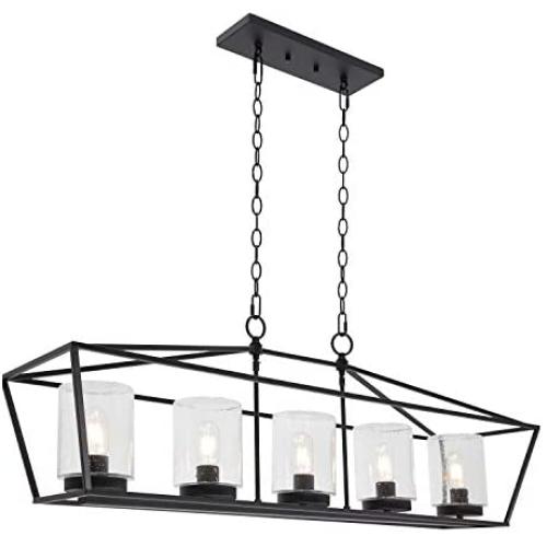 5 Light BONLICHT Contemporary Linear Kitchen Island Pendant Lighting in Matte Black Finish with Seedy Glass Farmhouse Chandelier Ceiling Light Fixture for Dining Room Living Room Restaurant