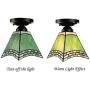 KWOKING Lighting Tiffany Ceiling Lights Stained Glass Hanging Lamp with Green Cone Shade Semi Flush Mount Ceiling Light for Living Room, Hallway, Kitchen 4 Sides