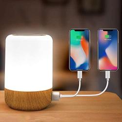 Table Lamp Touch Night Light - 4 Quickly Charge USB Port Bedside Lamps with Dimming Warm White Light 13 Colors RGB Table Lamp for Bedroom Living Room Office Hallways (Wood)