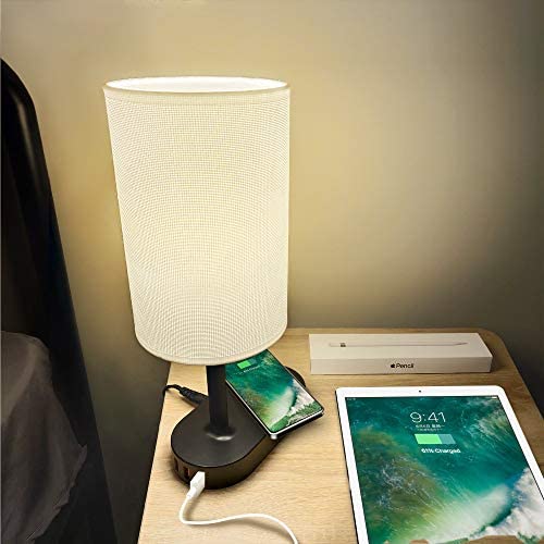 COZOO Bedside Table & Desk Lamp with Wireless Charging Pad and 3 USB Charging Ports,10W, Black Charger Base with White Fabric Shade, LED Light for Bedroom/Nightstand/Living Room