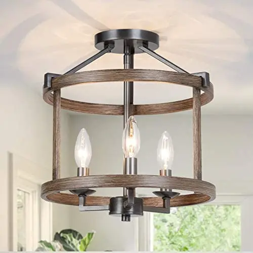 GEPOW Semi Flush Mount Ceiling Light Fixture, Farmhouse Faux Wood Ceiling Light for Bedroom Hallway, Foyer, Entryway, Kitchen, Stairway, Dining & Living Room