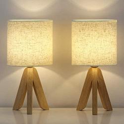 HAITRAL Small Table Lamps - Wooden Tripod Nightstand Lamps Set of 2 for Bedroom, Living Room, Office, Home with Fabric Linen Shade