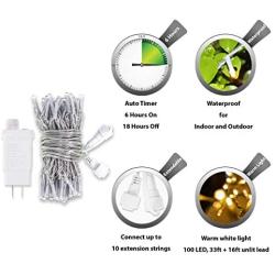 LED String Lights, by myCozyLite, Plug in String Lights, 49Ft 100 LED Warm White Lights with Timer, Waterproof, Perfect for Indoor and Outdoor use with 30V Low Voltage Transformer, Extendable