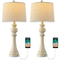 OYEARS USB Table Lamp Set 2 for Living Room Resin 27 3/4'' H Retro Table Lamp for Bedroom Vintage Table Lamp Bedside Traditional Resin Table lamp Washed White