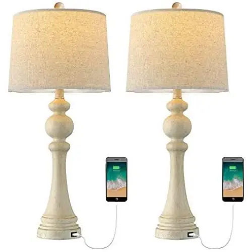 OYEARS USB Table Lamp Set 2 for Living Room Resin 27 3/4'' H Retro Table Lamp for Bedroom Vintage Table Lamp Bedside Traditional Resin Table lamp Washed White