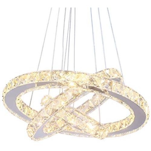 Winretro Modern DIY Crystal LED Chandelier Light Fixture 3 Rings Round Pendant Lighting Adjustable Stainless Steel Ceiling Hanging Lamp for Living Room Dining Room Bedroom(Warm White)