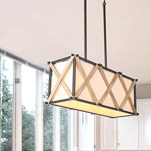 LOG BARN A03283 Farmhouse Chandeliers, Kitchen Lighting in Handmade Antique Metal and Wood Finish with Beige Linen Shade