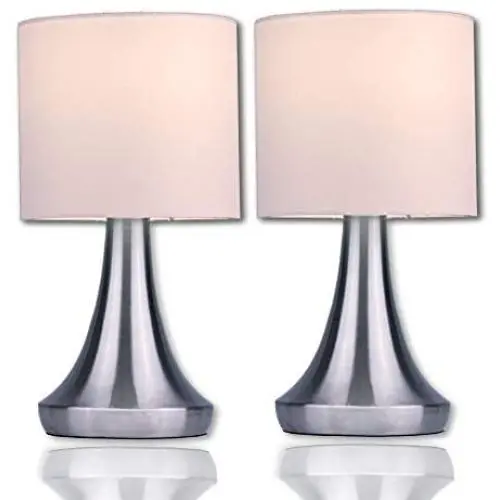 Touch Lamp Set by Light Accents - Touch On Lamp Stands 13'' Tall Accent Light, Touch lamp Set with Fabric Shades and 3-Stage Touch Dimmer Brushed Nickel Finish (2-Pack)