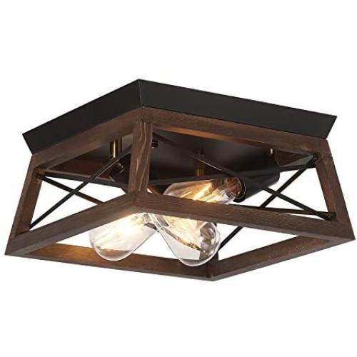 HUESLITE 3-Light Farmhouse Flush Mount Ceiling Light,Rustic Fixture with Wood Shade for Hallway, Entryway, Dining Room,Kitchen, Bedroom, Balcony Living Room (Wood, 3-Light)