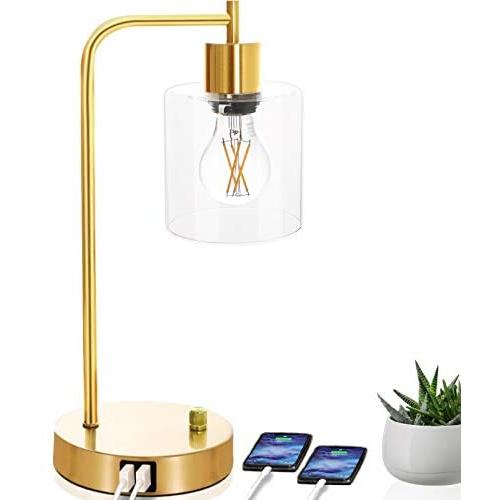 Gold Industrial Table Lamp, Elizabeth Vintage Office Desk Lamp, Dimmable Bedside Reading Lamp, Brass Metal Midcentury Lamp for Bedroom Living Room, 2 USB Charging Ports E26 Edison LED Bulb Glass Shade