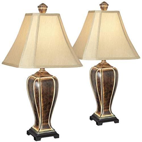 Traditional Table Lamps Set of 2 Desert Crackle Gold Jar Taupe Faux Silk Bell Shade for Living Room Family Bedroom - Regency Hill
