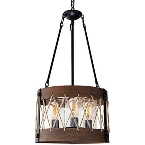 GOMUNIN Antique Wooden Farmhouse Chandelier, Industrial Wood Hemp Rope Hanging Lights,Retro Wood Cage Pendant Light, Iron & Wood,3 Lights