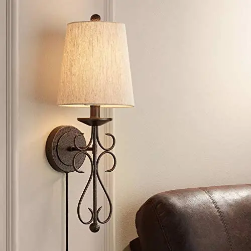 Delaney Rustic Farmhouse Wall Lamp Dark Bronze Plug-in Light Fixture Scrolling Taupe Linen Shade for Bedroom Bedside Living Room Reading - Franklin Iron Works Delaney Rustic Farmhouse Wall Lamp Dark Bronze Plug-in Light Fixture Scrolling Taupe Linen Shade for Bedroom Bedside Living Room Reading - Franklin Iron Works
