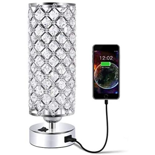 USB Crystal Table Desk Lamp with USB Port, Acaxin Elegant Bedside Light with Crystal Shade, Glam Lamps for Bedrooms, Decorative Lamp, Nightstand Lamp for Bedroom/Living Room/Dressing Room