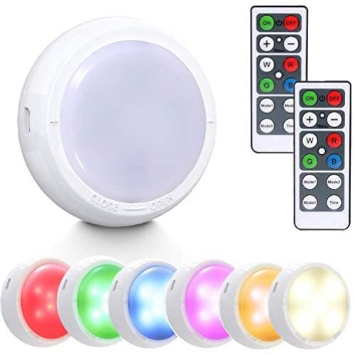 Wireless Under Cabinet Light, didaINT 6 Pack RGB Color Changing LED Closet Lighting, Dimmable Puck Lights with 2 Remote, Timing Function, Battery & USB Powered, Stick On Anywhere …
