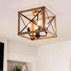 VILUXY Retro Industrial Rectangle Metal Flush Mount Ceiling Light Fixture with Painted Wood Look Finish Shade for Hallway, Entryway, Passway, Dining Room, Bedroom, Balcony Living Room 4-Light