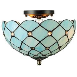 LITFAD Tiffany Style LED Ceiling Lamp Mediterranean Sea Blue Pattern 11 Inch Semi Flush Mount Ceiling Light Pendant Lighting for Dining Room Bedroom Hotel Corridor - 11'' (28 cm)