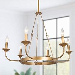 LNC Farmhouse Chandelier, Chandeliers for Dining Rooms, 6-Light Gold Wagon Wheel Chandelier for Living Room, Foyer, 27.5” Dia