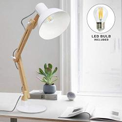 DLLT Swing Arm LED Desk Lamp, Craft Wood Lamp Classic Adjustable Reading Light for Work, Study, Bedroom, Office, Workbench, Dorm, Metal Shade, Warm Light