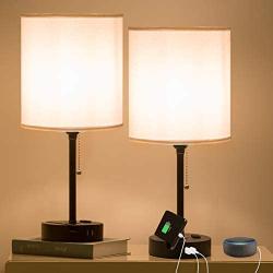 Focondot USB Table Lamp, Phone Stand Bedside Lamp Built-in Dual USB Ports & 2-Prong Outlet, Pull Chain Lamp with White Shade, Minimalist Desk Lamp for Bedroom, Living Room, Office(Set of 2)