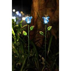 Joyathome Garden Solar Stake Lights Outdoor, 2 Pack Solar Powered Metal Stake Lights with Blue Bell Glass Lily LED Decorative Garden Lights for Walkway,Pathway,Lawn, Courtyard