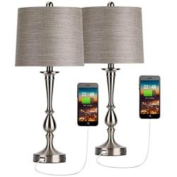 Oneach USB Table Lamp Set of 2 Modern Bedside Desk Lamp with USB Port for Living Room Bedroom Coffee Table 25'' Nickle Finish