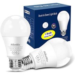 MikeWin Outdoor Dusk to Dawn Light Bulbs 2 Pack, 12W(100W Equivalent), E26 5000K, Built-in Photocell Detector, Auto On/Off, Smart Sensor LED Lighting Bulb for Porch Hallway Garage Boundary