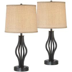 Heather Modern Contemporary Table Lamps Set of 2 with Hotel Style USB Charging Port Iron Bronze Drum Shade for Living Room Bedroom House Bedside Nightstand Home Office Family - 360 Lighting