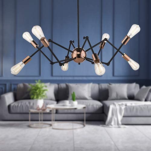 Jazava Industrial Sputnik Chandelier, 8-Lights Modern Pendant Light for Farmhouse, Hanging Light Fixture, Adjustable Swing Arms, Black and Rose Gold Finish