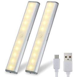 Motion Sensor Cabinet Light,Under Counter Closet Lighting, 10 LED Wireless USB Rechargeable Kitchen Lights,Battery Operated Lights,Stick On Lights for Wardrobe,Closets,Cupboard,Warm White-2Pack