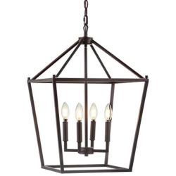 JONATHAN Y JYL7437A Pagoda Lantern Dimmable Adjustable Metal LED Pendant, Classic, Traditional for Dining, Living Room, Kitchen, 16'' 4-Bulb, Oil Rubbed Bronze