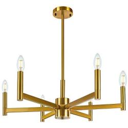 Wellmet Gold Chandelier Dining Room 26 inch, Modern Sputnik Chandelier 6 Light, Hanging Pendant Lighting Mid Century Ceiling Light Fixture for Kitchen Island Living Room Bedroom, Brushed Brass